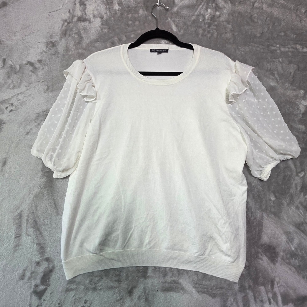 Adrianna Papell Womens XL Ivory Knit Top Sheer Swiss Dot Puff Sleeve AD1S301604